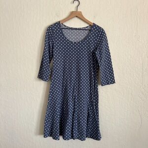 Garnet Hill 100% Cotton Seamed Knit Trapeze 3/4 Sleeve Dress XS Blue Polka Dot